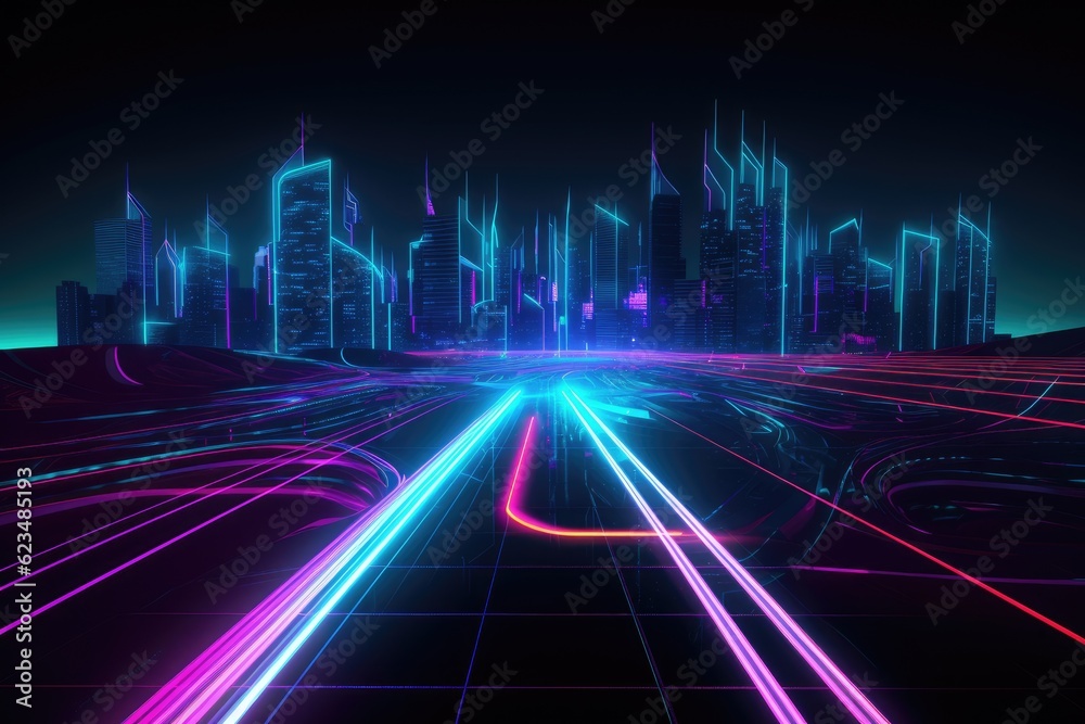 Neon Color Motion On Speedway. Scifi illustration with neon lights and road. Generative ai