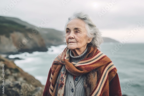 Photography in the style of pensive portraiture of a happy old woman wearing a chic cardigan against a dramatic coastal cliff background. With generative AI technology