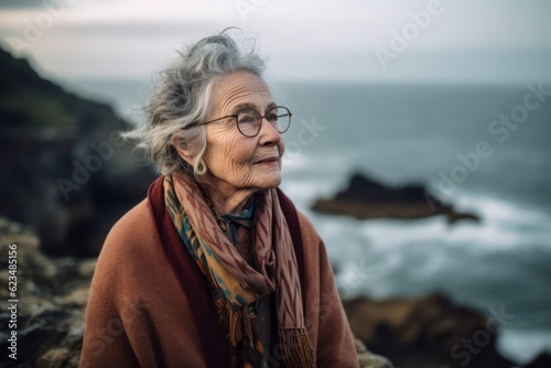 Photography in the style of pensive portraiture of a happy old woman wearing a chic cardigan against a dramatic coastal cliff background. With generative AI technology