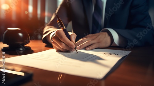 Businessman is signing documents, illustration for product presentation and template design.