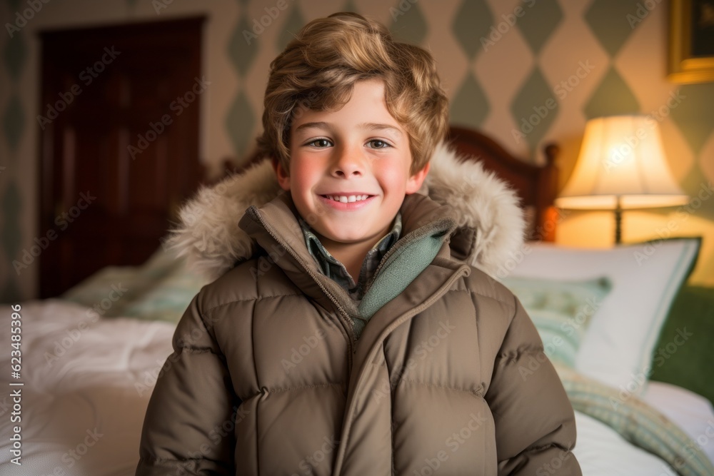 Sports portrait photography of a grinning kid male wearing a cozy winter coat against a charming bed and breakfast background. With generative AI technology Sports portrait photography of a grinning kid male wearing a cozy winter coat against a charming bed and breakfast background. With generative AI technology