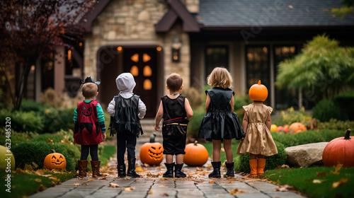 Kids dressed in halloween costumes asking for candy at the front of the house.
