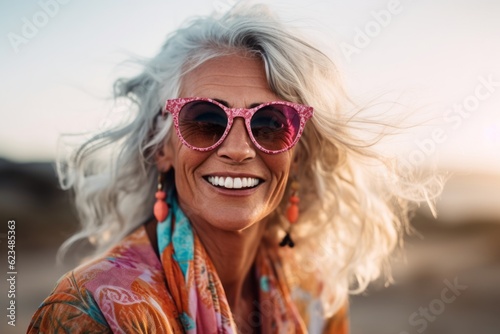 Close-up portrait photography of a glad old woman wearing a daring bikini and trendy sunglasses against a sprawling ranch background. With generative AI technology © Markus Schröder