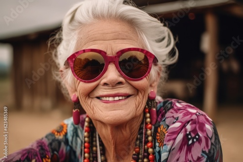 Close-up portrait photography of a glad old woman wearing a daring bikini and trendy sunglasses against a sprawling ranch background. With generative AI technology