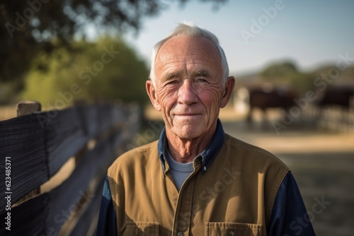 Headshot portrait photography of a tender old man wearing an elegant long-sleeve shirt against a sprawling ranch background. With generative AI technology