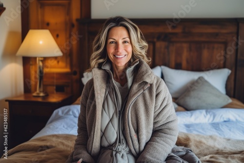 Casual fashion portrait photography of a glad mature woman wearing a cozy winter coat against a charming bed and breakfast background. With generative AI technology © Markus Schröder