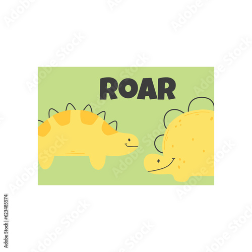 Cute childish dino print in flat scandinavian style. Poster with dino and lettering. Vector illustration..