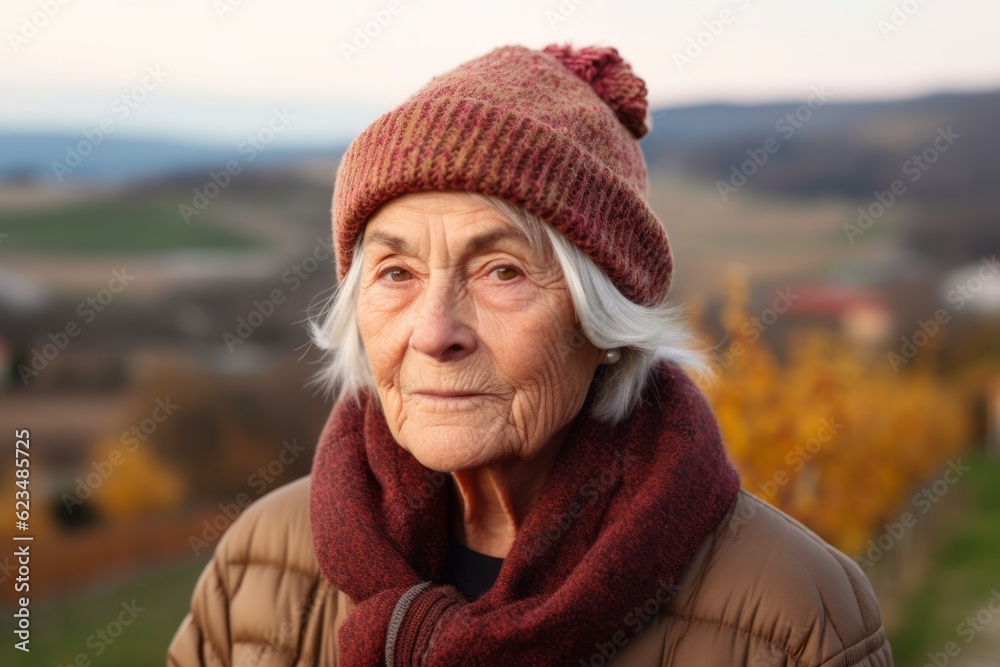 Close-up portrait photography of a tender old woman wearing a warm beanie or knit hat against a picturesque vineyard background. With generative AI technology Close-up portrait photography of a tender old woman wearing a warm beanie or knit hat against a picturesque vineyard background. With generative AI technology