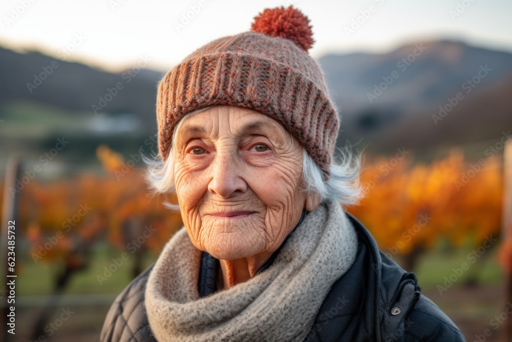 Close-up portrait photography of a tender old woman wearing a warm beanie or knit hat against a picturesque vineyard background. With generative AI technology Close-up portrait photography of a tender old woman wearing a warm beanie or knit hat against a picturesque vineyard background. With generative AI technology