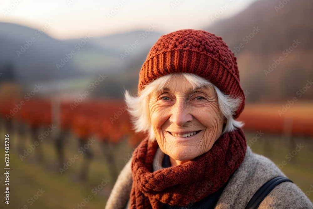 Close-up portrait photography of a tender old woman wearing a warm beanie or knit hat against a picturesque vineyard background. With generative AI technology Close-up portrait photography of a tender old woman wearing a warm beanie or knit hat against a picturesque vineyard background. With generative AI technology