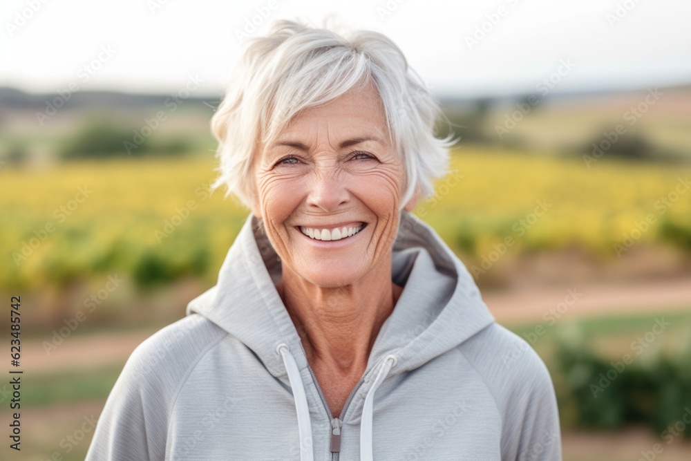 Close-up portrait photography of a grinning old woman wearing a cozy zip-up hoodie against a picturesque vineyard background. With generative AI technology