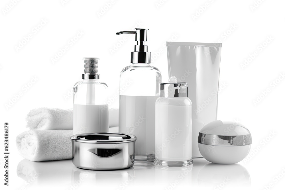 Set of shampoos and cosmetics on a white background.