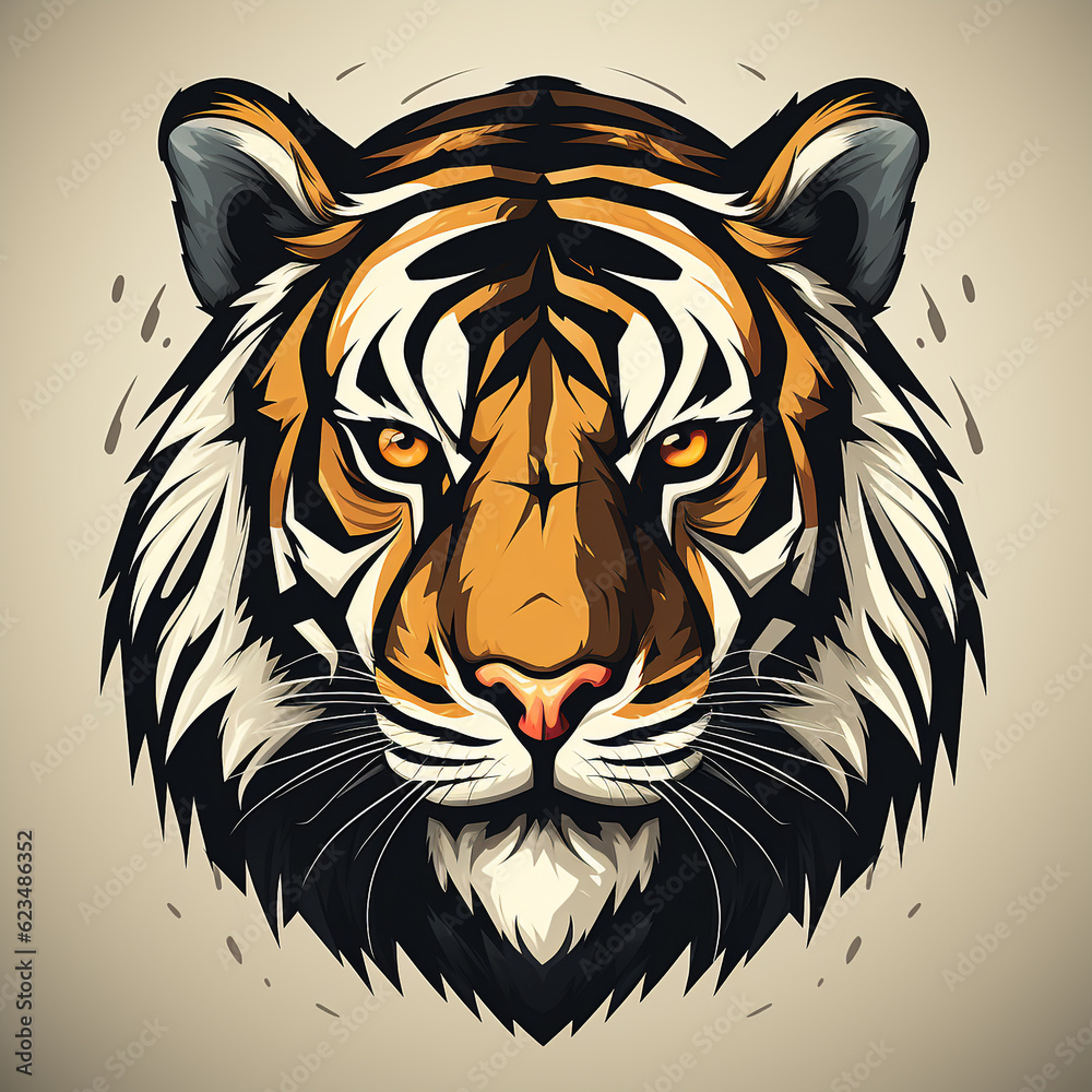 2D logo of the face of an adult tiger with a plain color background. The expression on the tiger's face is fierce and ready to pounce. 2D logo of the face of an adult tiger with a plain color background. The expression on the tiger's face is fierce and ready to pounce.