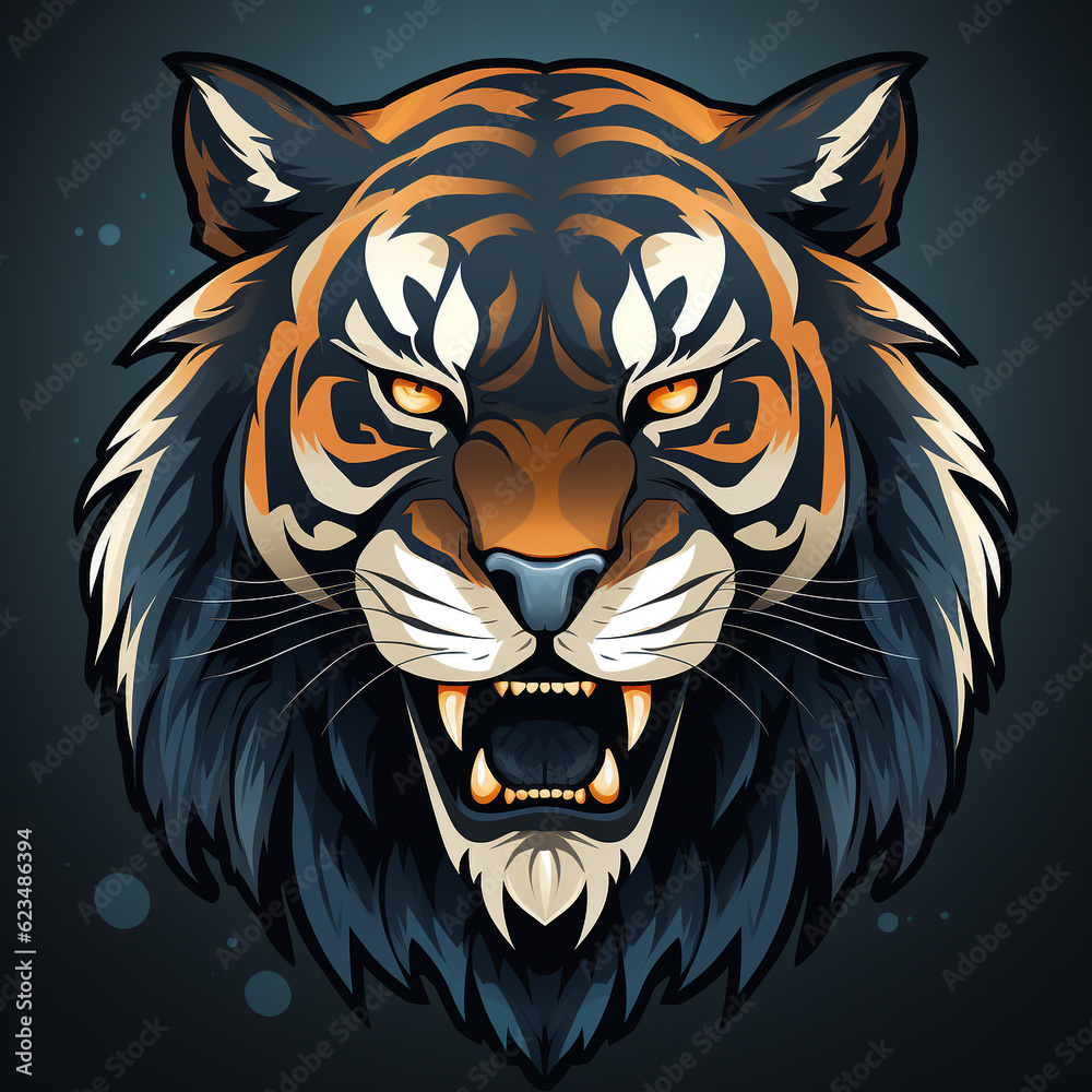Fototapeta premium 2D logo of the face of an adult tiger with a plain color background. The expression on the tiger's face is fierce and ready to pounce.