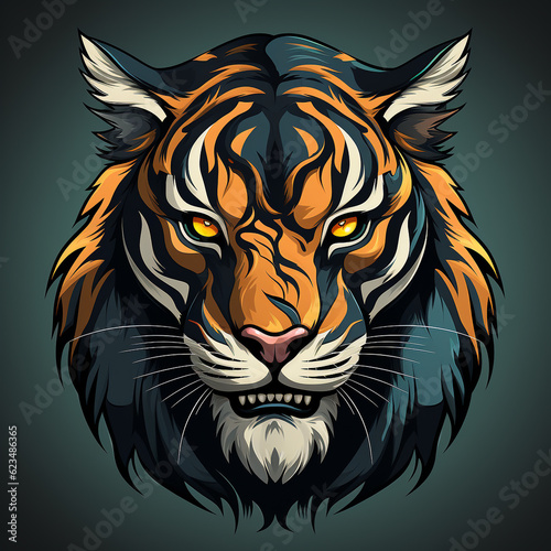 2D logo of the face of an adult tiger with a plain color background. The expression on the tiger s face is fierce and ready to pounce.