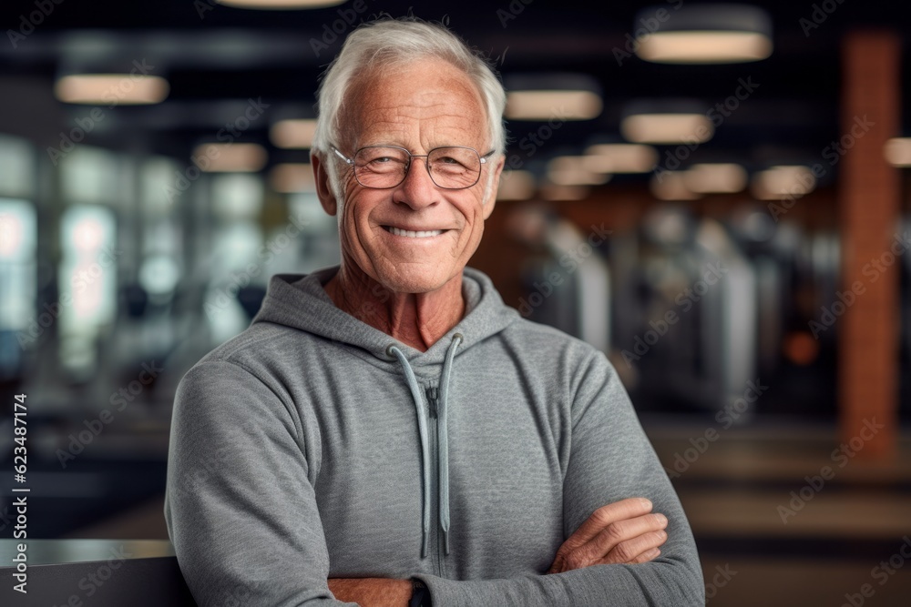 Sports portrait photography of a grinning old man wearing a cozy sweater against a modern fitness center background. With generative AI technology Sports portrait photography of a grinning old man wearing a cozy sweater against a modern fitness center background. With generative AI technology