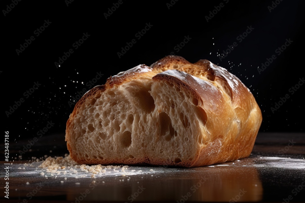 Loaf of bread on black background. Made with Generative AI. Loaf of bread on black background. Made with Generative AI.