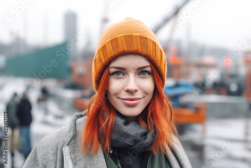 Close-up portrait photography of a glad girl in her 30s wearing a warm beanie or knit hat against a busy construction site background. With generative AI technology © Markus Schröder