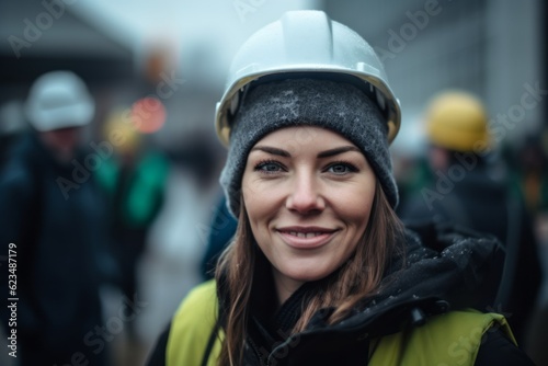 Close-up portrait photography of a glad girl in her 30s wearing a warm beanie or knit hat against a busy construction site background. With generative AI technology