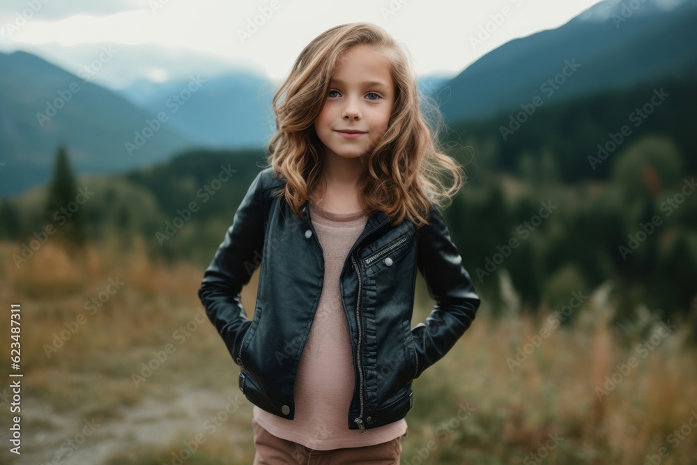 Lifestyle portrait photography of a satisfied kid female wearing a trendy leather jacket against a scenic mountain trail background. With generative AI technology
