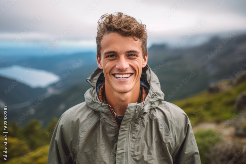 Medium shot portrait photography of a grinning boy in his 30s wearing a lightweight windbreaker against a scenic mountain trail background. With generative AI technology