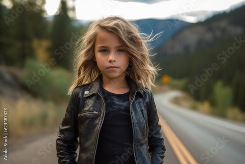 Lifestyle portrait photography of a satisfied kid female wearing a trendy leather jacket against a scenic mountain trail background. With generative AI technology © Markus Schröder