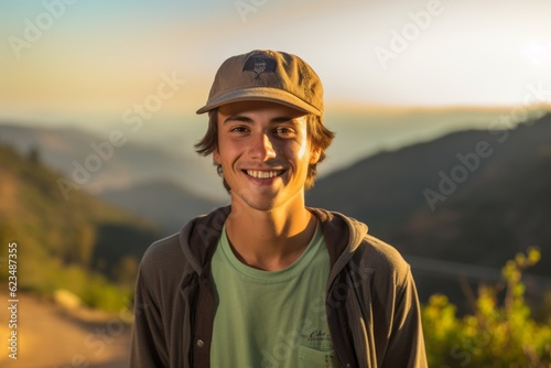 Sports portrait photography of a glad boy in his 30s wearing a cool cap or hat against a scenic mountain trail background. With generative AI technology © Markus Schröder