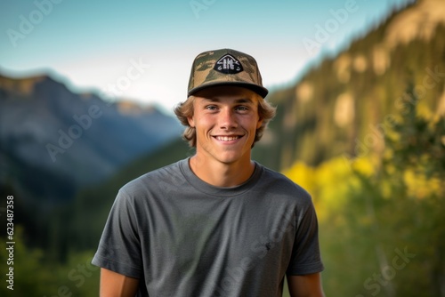Sports portrait photography of a glad boy in his 30s wearing a cool cap or hat against a scenic mountain trail background. With generative AI technology