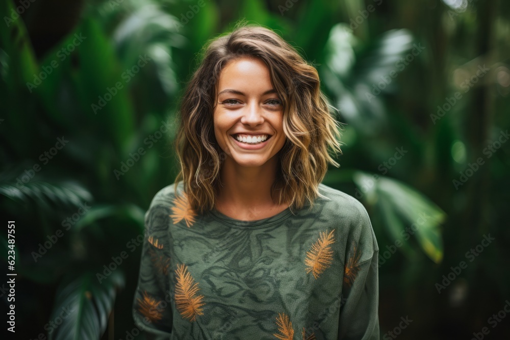 Urban fashion portrait photography of a grinning girl in her 30s wearing a cozy sweater against a lush tropical jungle background. With generative AI technology