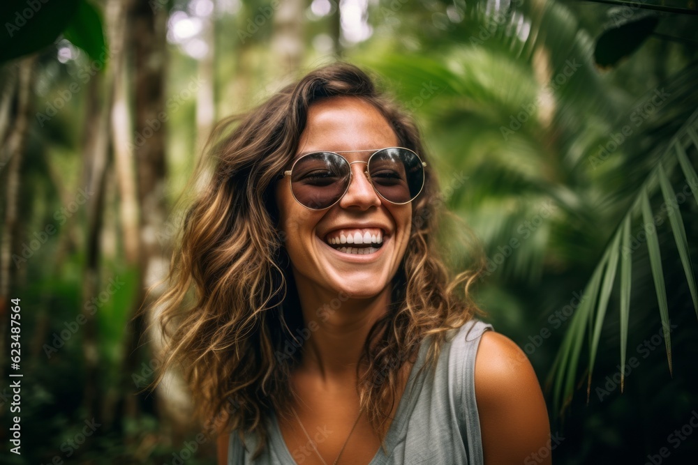 Environmental portrait photography of a grinning girl in her 30s wearing a trendy sunglasses against a lush tropical jungle background. With generative AI technology Environmental portrait photography of a grinning girl in her 30s wearing a trendy sunglasses against a lush tropical jungle background. With generative AI technology