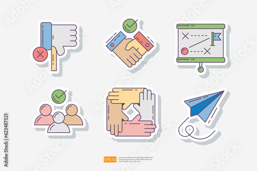 disagree thumb down, handshake for settlement, teamwork strategy, select right candidate, hands support, paper plane or business direction concept. sticker icon set. Team work vector illustration