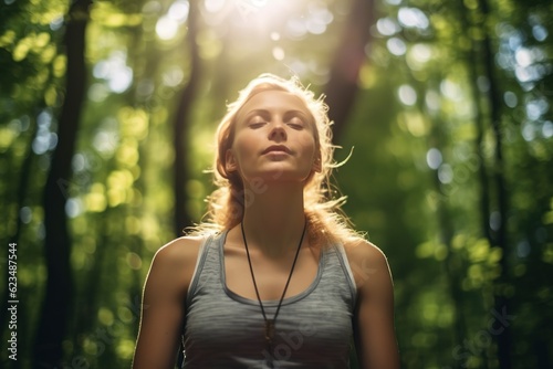 Serene and beautiful woman meditating in peaceful forest. Made with Generative AI.