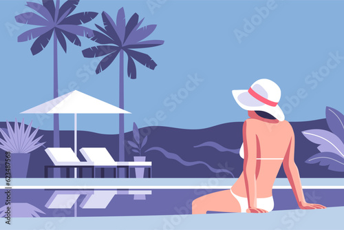 Summer time and vacation, sunbathing, wellness lifestyle. Beautiful girl in swimsuit relaxing by the pool during her summer holiday. Vector illustration for mobile and web graphics.