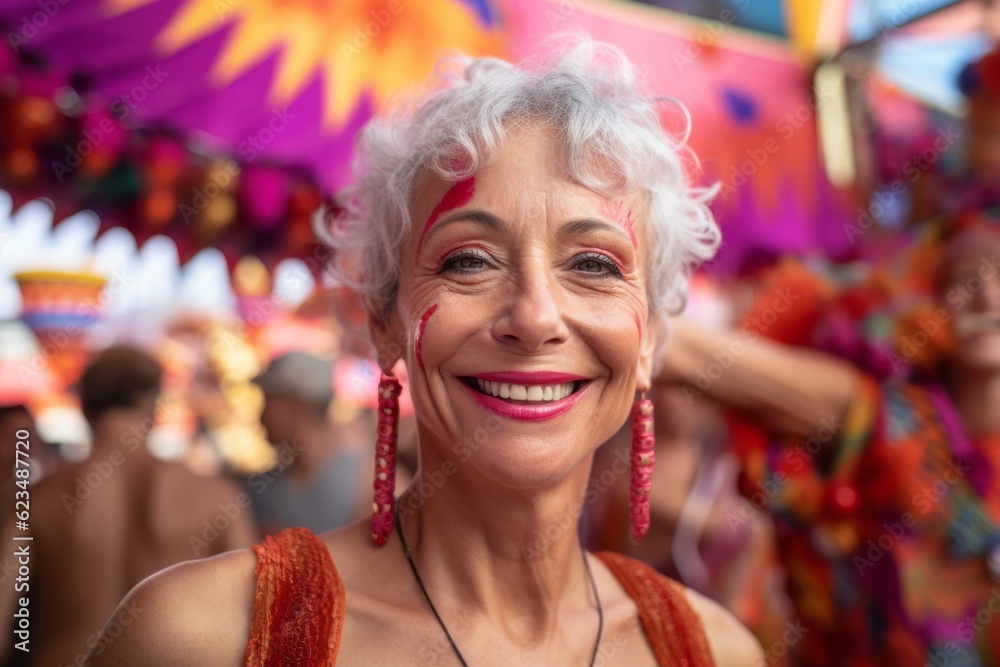 Editorial portrait photography of a glad mature woman wearing a daring bikini against a festive parade background. With generative AI technology Editorial portrait photography of a glad mature woman wearing a daring bikini against a festive parade background. With generative AI technology