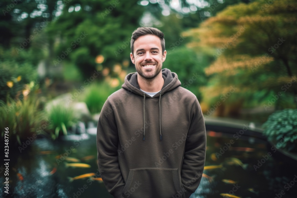 Three-quarter studio portrait photography of a happy boy in his 30s wearing a stylish hoodie against a tranquil koi pond background. With generative AI technology Three-quarter studio portrait photography of a happy boy in his 30s wearing a stylish hoodie against a tranquil koi pond background. With generative AI technology