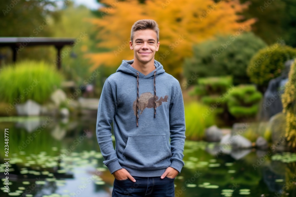 Three-quarter studio portrait photography of a happy boy in his 30s wearing a stylish hoodie against a tranquil koi pond background. With generative AI technology Three-quarter studio portrait photography of a happy boy in his 30s wearing a stylish hoodie against a tranquil koi pond background. With generative AI technology