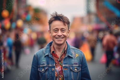 Conceptual portrait photography of a glad mature boy wearing a denim jacket against a festive parade background. With generative AI technology
