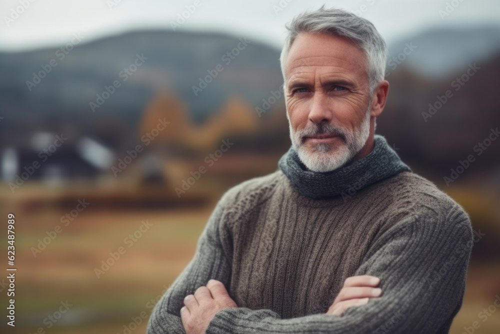 Photography in the style of pensive portraiture of a joyful mature man wearing a cozy sweater against a picturesque countryside background. With generative AI technology