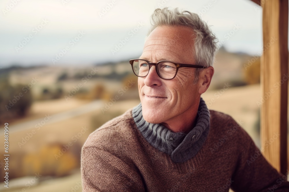 Photography in the style of pensive portraiture of a joyful mature man wearing a cozy sweater against a picturesque countryside background. With generative AI technology