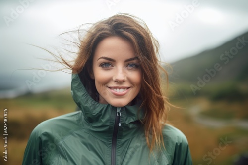 Sports portrait photography of a grinning girl in her 30s wearing a lightweight windbreaker against a picturesque countryside background. With generative AI technology