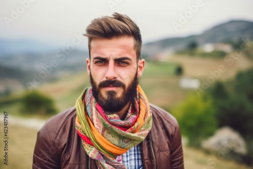 Medium shot portrait photography of a tender boy in his 30s wearing a colorful neckerchief against a picturesque countryside background. With generative AI technology