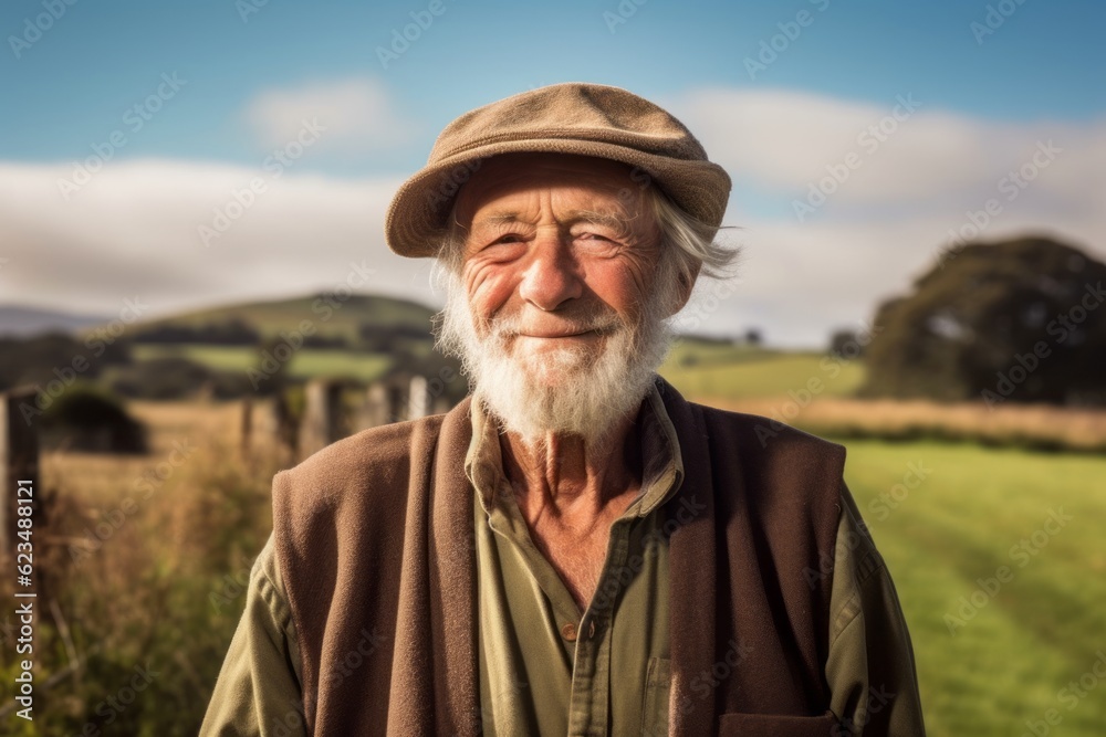 Environmental portrait photography of a happy old man wearing a cool cap or hat against a picturesque countryside background. With generative AI technology Environmental portrait photography of a happy old man wearing a cool cap or hat against a picturesque countryside background. With generative AI technology