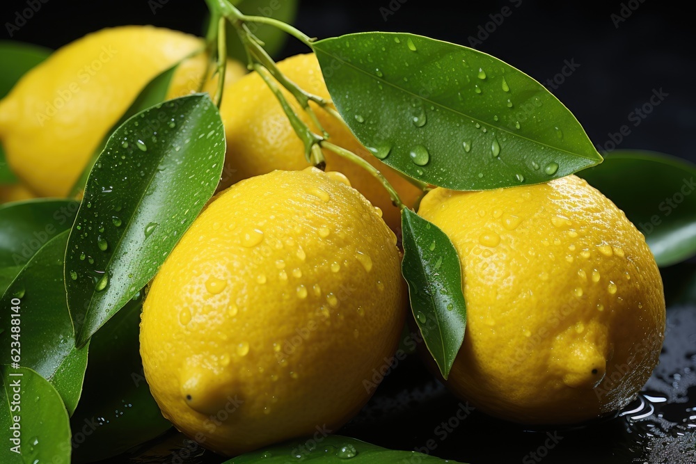 Ripe yellow lemons citrus fruit with green leaves. Generative AI