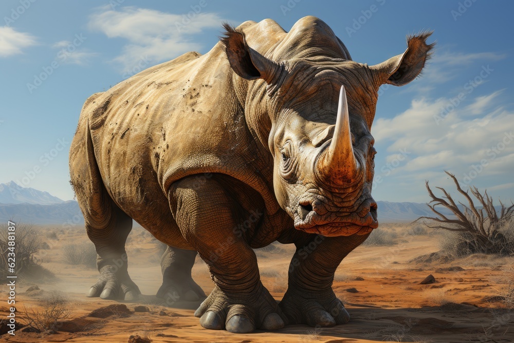 Fototapeta premium Rhinoceros with large horns. Generative AI