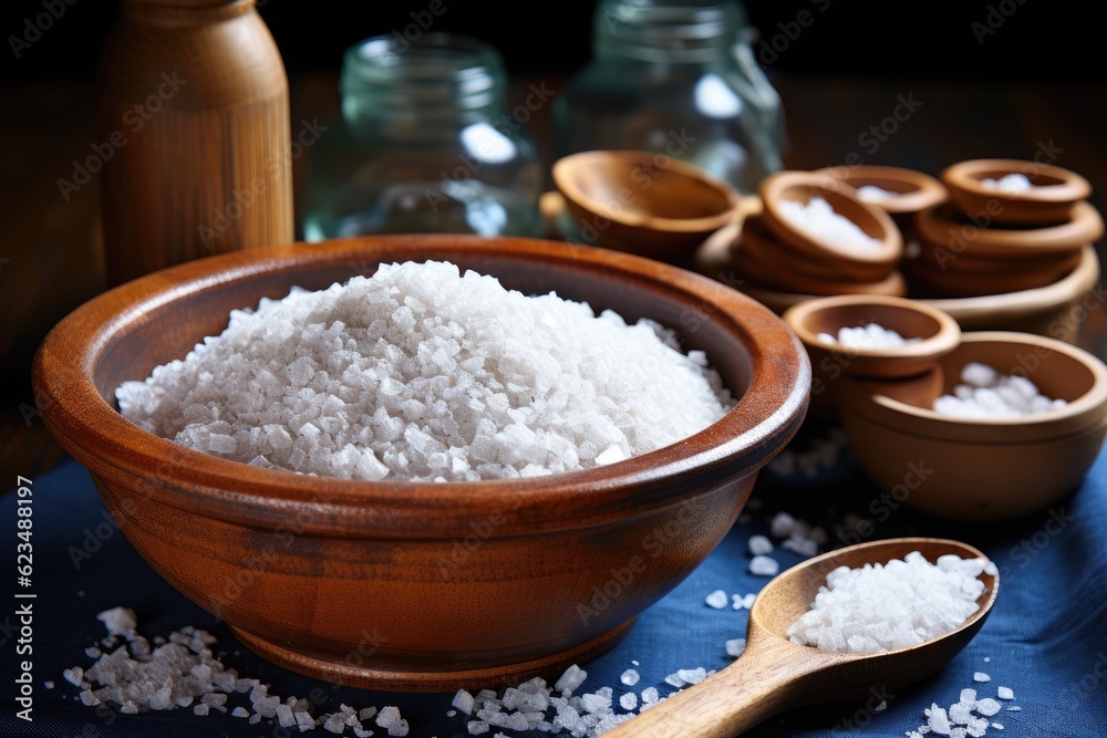 Salt in a bowl on a wooden table. Generative AI Salt in a bowl on a wooden table. Generative AI