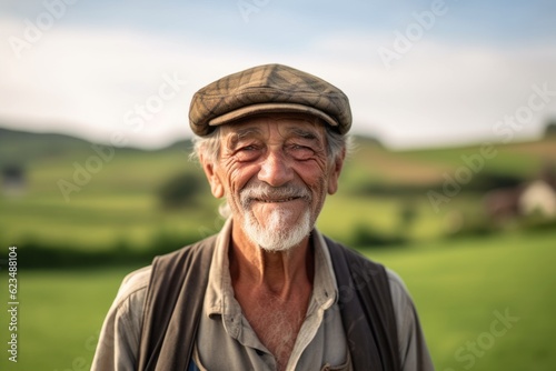Environmental portrait photography of a happy old man wearing a cool cap or hat against a picturesque countryside background. With generative AI technology