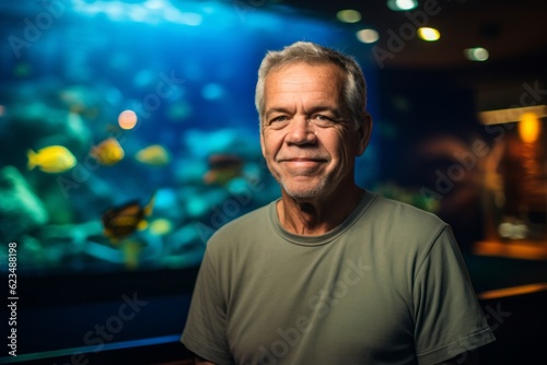 Environmental portrait photography of a glad mature man wearing a casual t-shirt against a vibrant aquarium background. With generative AI technology