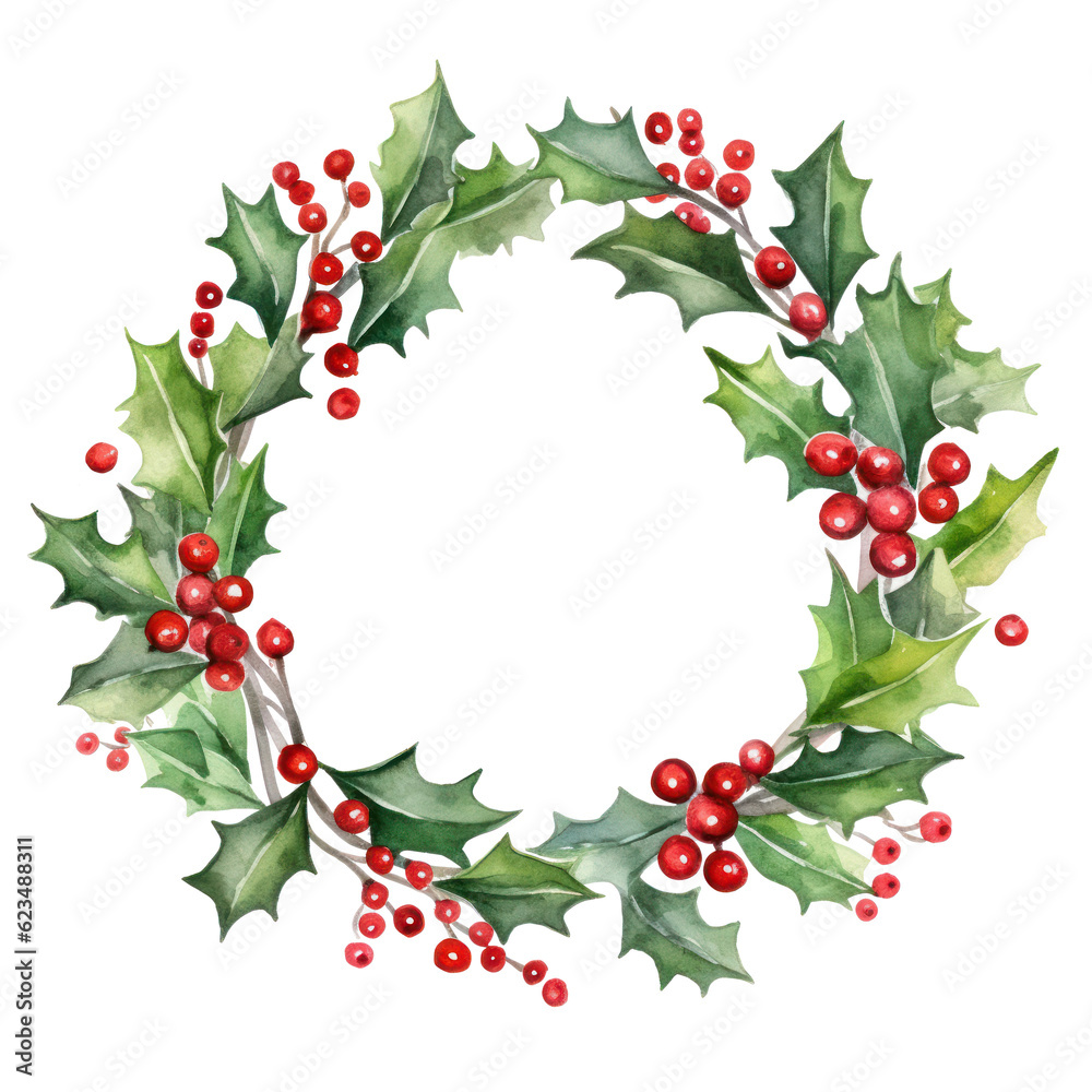 Watercolor Christmas Wreath Isolated. Illustration AI Generative.