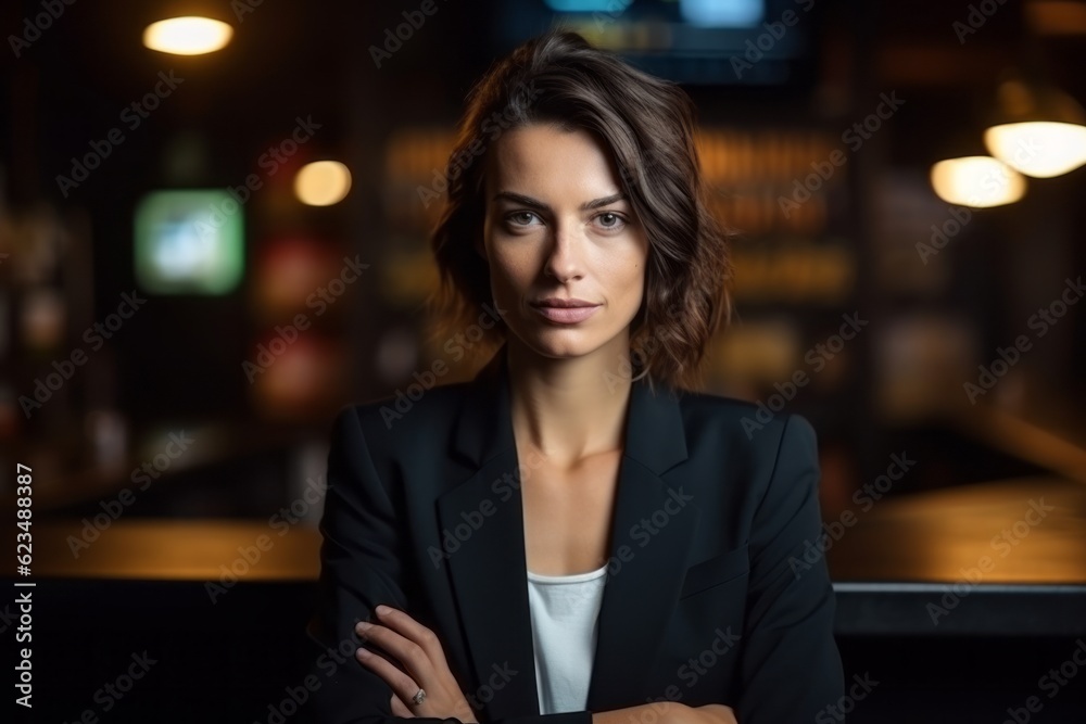 Medium shot portrait photography of a glad girl in her 30s wearing a classic blazer against a lively sports bar background. With generative AI technology Medium shot portrait photography of a glad girl in her 30s wearing a classic blazer against a lively sports bar background. With generative AI technology