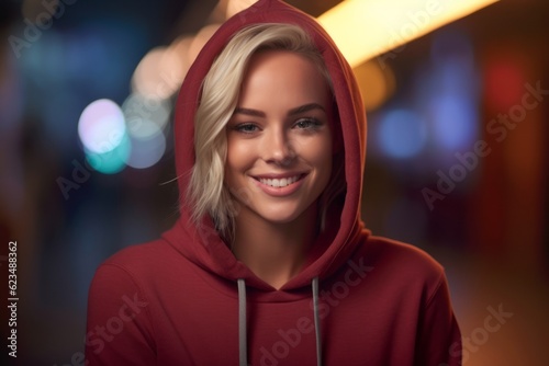 Close-up portrait photography of a glad girl in her 30s wearing a stylish hoodie against a lively sports bar background. With generative AI technology